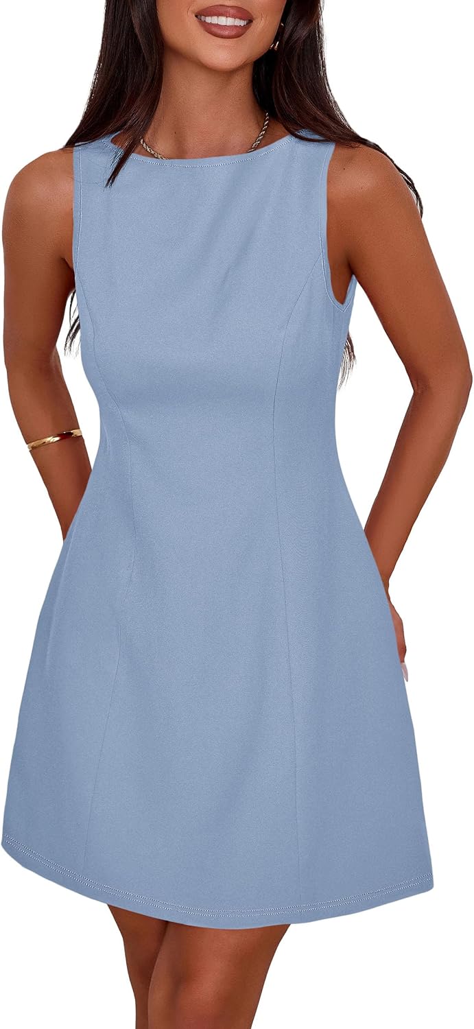 Sleeveless Boat Neck A-Line Formal Mini Dress - Light Blue