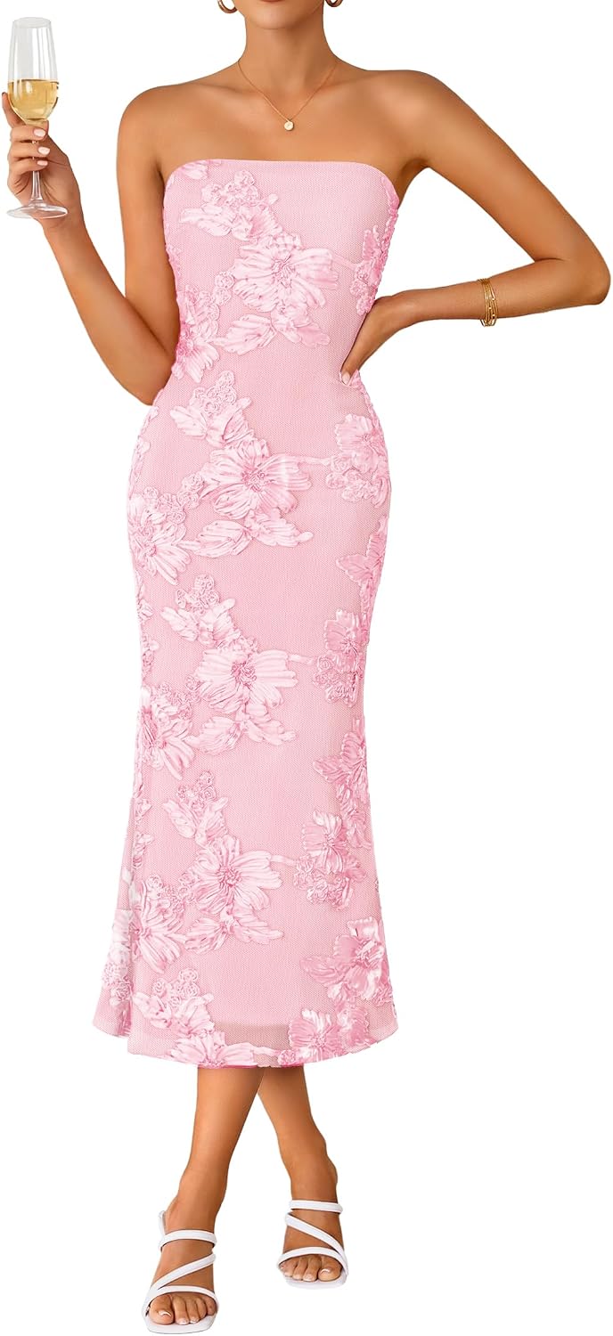 Strapless 3D Floral Mesh Bodycon Midi Dress - Light Pink