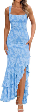 Ruched Floral Mermaid Maxi Wedding Guest Dress - Baby Blue