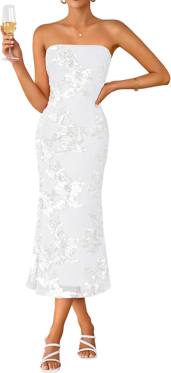 Strapless 3D Floral Mesh Bodycon Midi Dress - White
