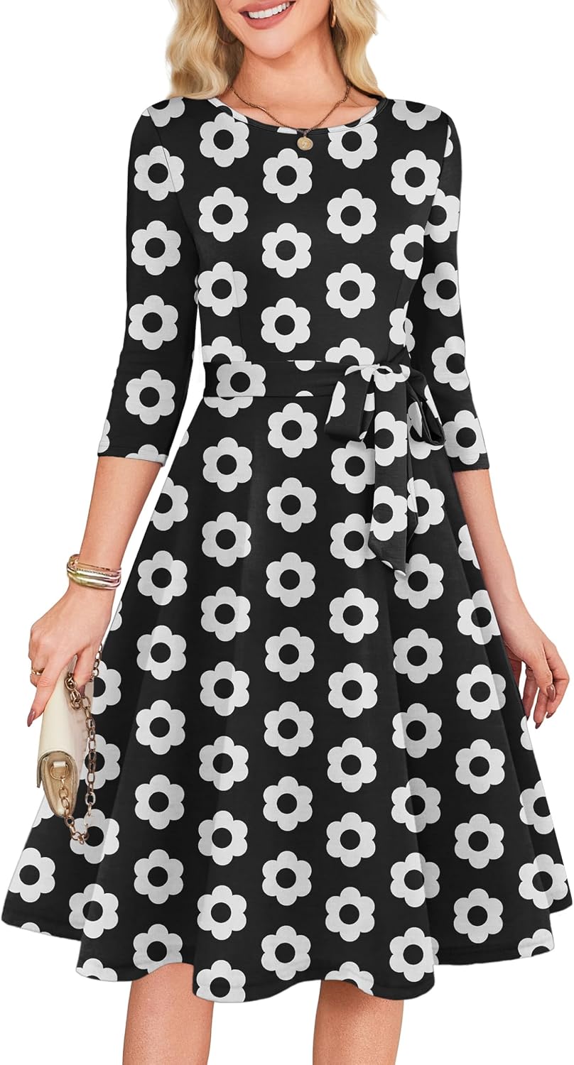3/4 Sleeve Vintage Cocktail Dress with Belt - Black White Floral