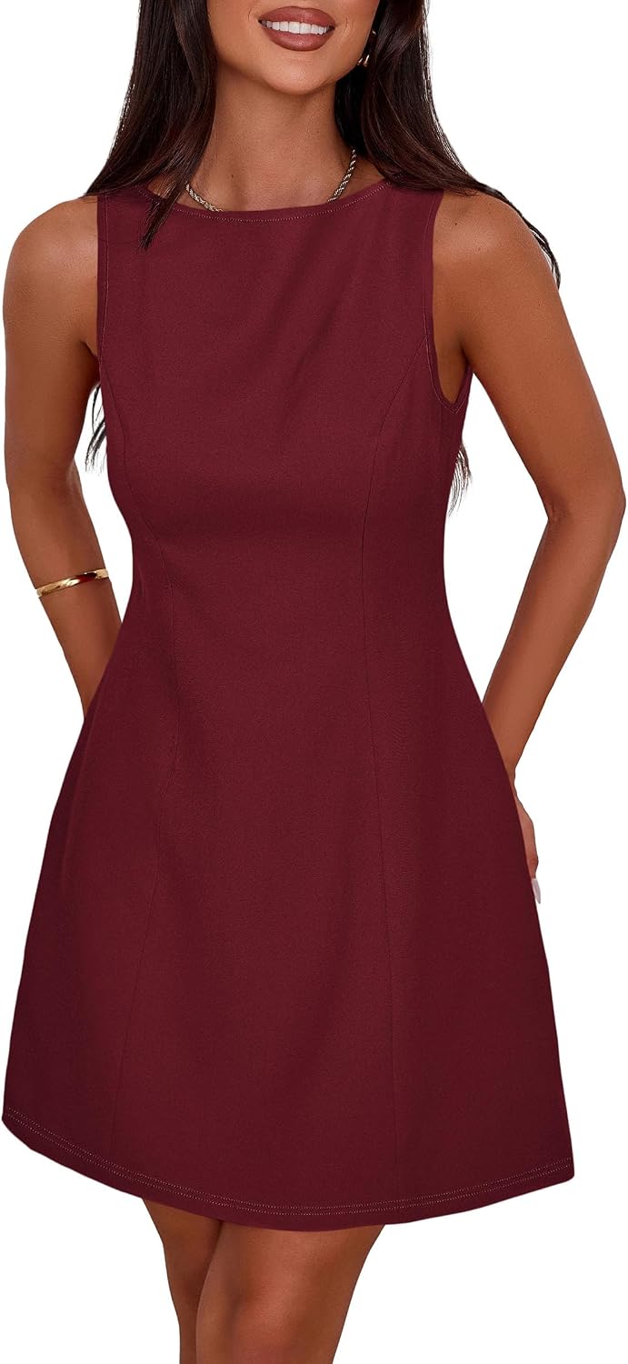 Sleeveless Boat Neck A-Line Formal Mini Dress - Burgundy