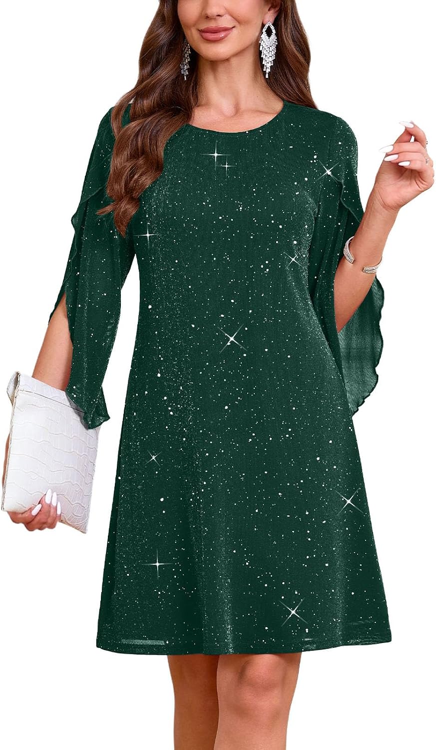 Flutter Sleeve Chiffon Knee Length Cocktail Dress - Sparkly Dark Green