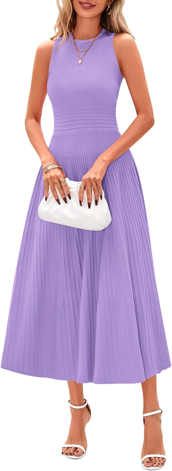 Sleeveless Pleated Knit A-Line Midi Work Dress - Purple