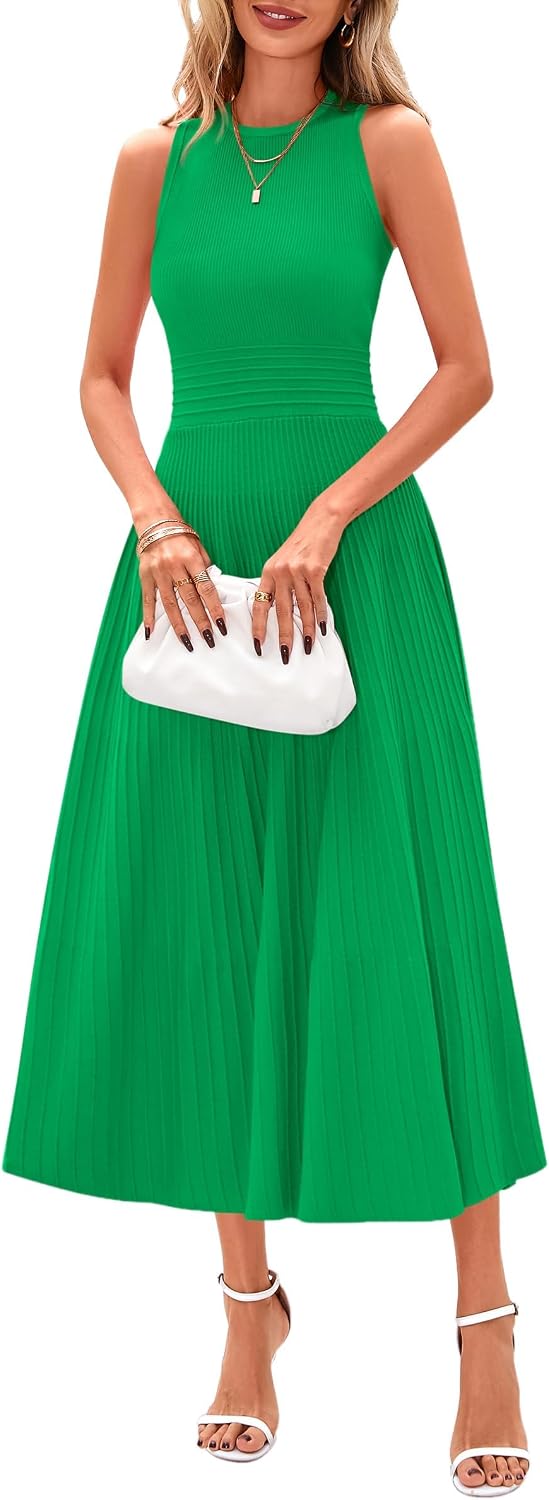 Sleeveless Pleated Knit A-Line Midi Work Dress - Green