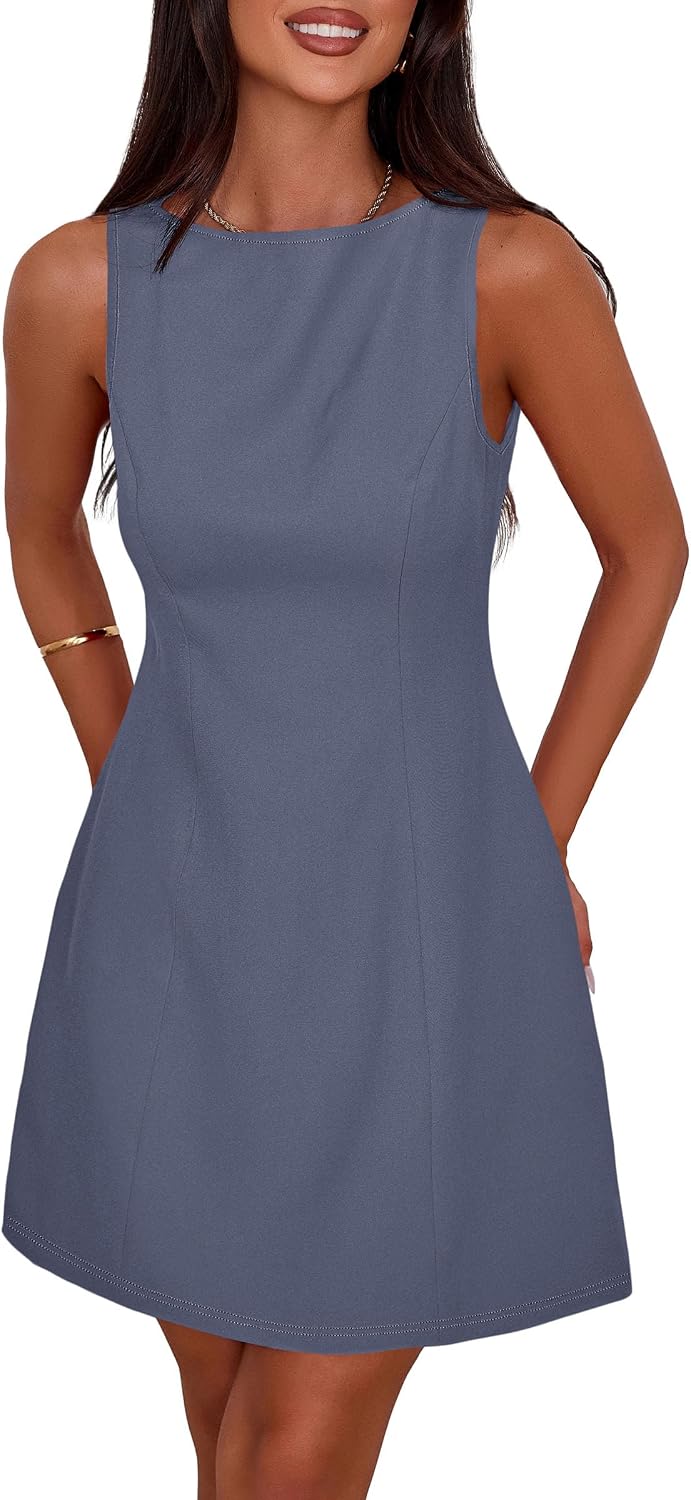 Sleeveless Boat Neck A-Line Formal Mini Dress - Dusty Blue