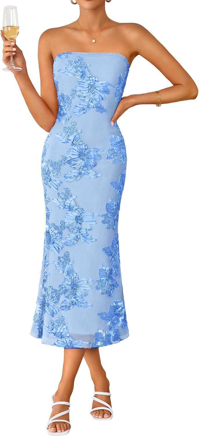 Strapless 3D Floral Mesh Bodycon Midi Dress - Blue