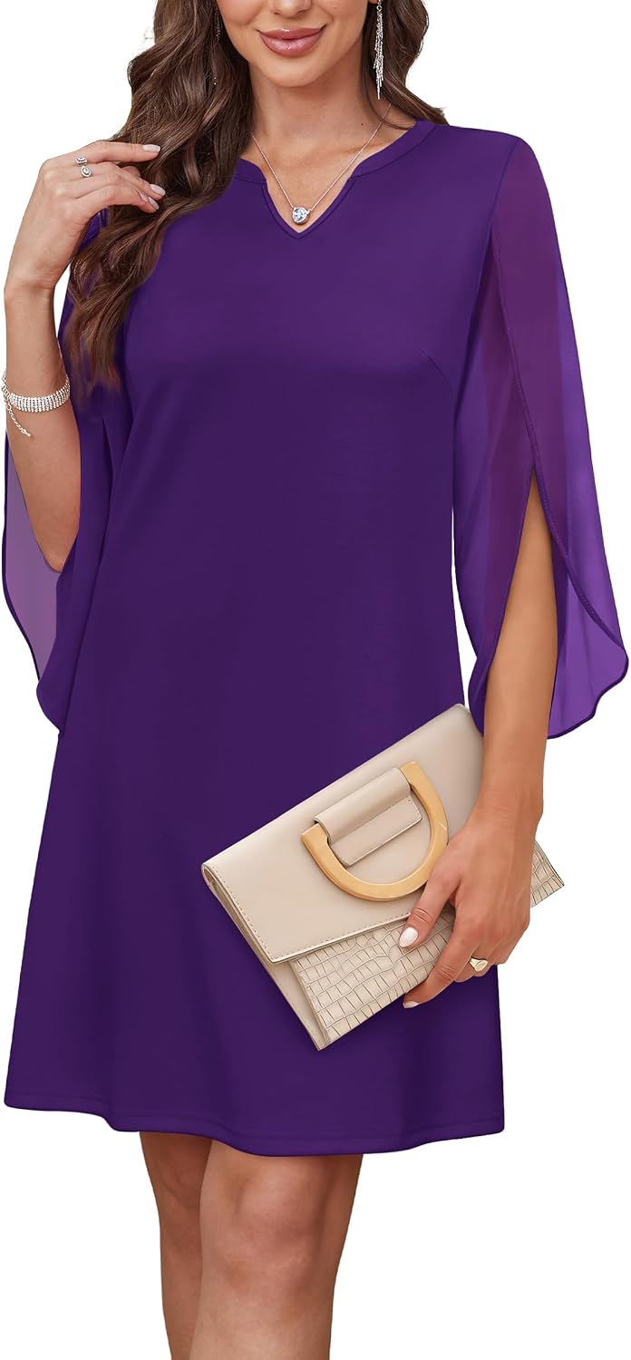 Chiffon Sleeve A-Line Cocktail Dress - Purple