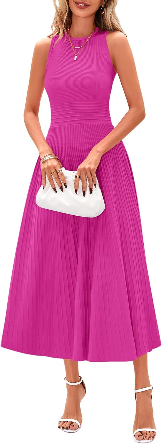 Sleeveless Pleated Knit A-Line Midi Work Dress - Rose