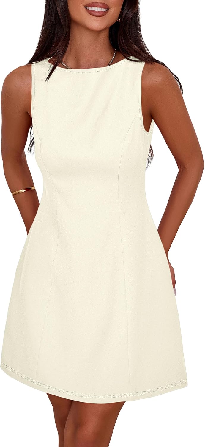 Sleeveless Boat Neck A-Line Formal Mini Dress - Beige