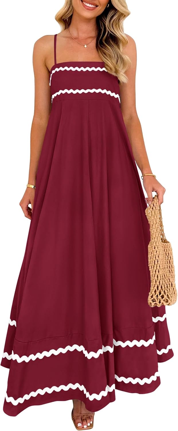 Boho Spaghetti Strap Ruffle Maxi Sundress - Dark Red