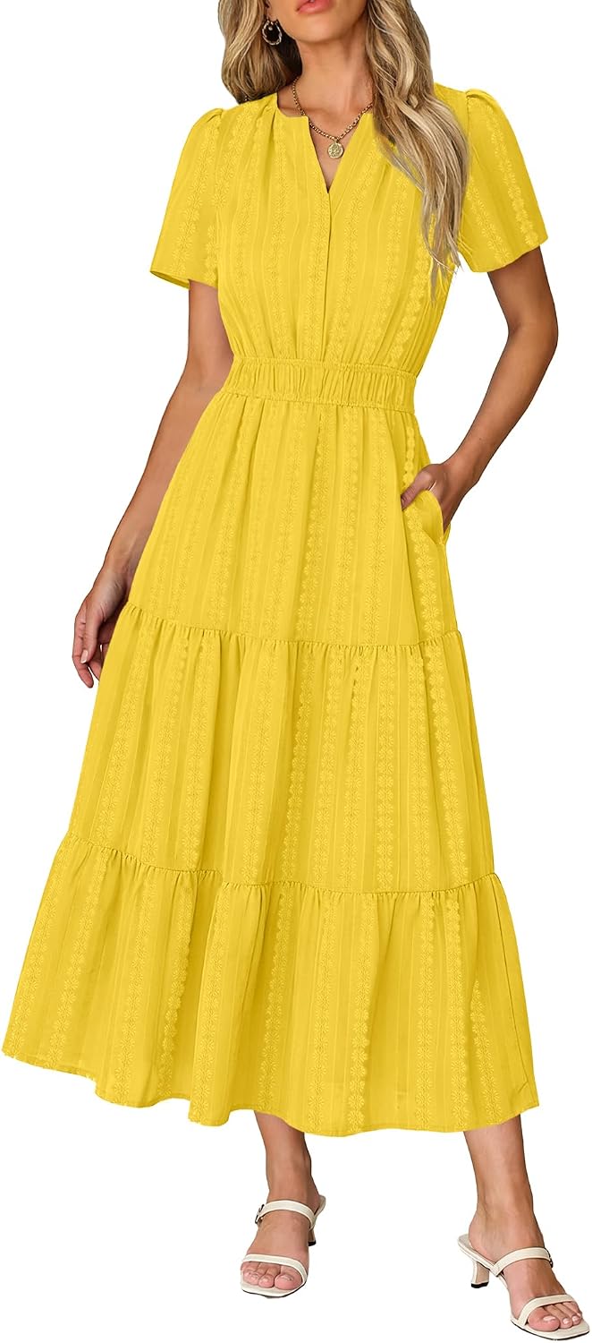 Short Sleeve Flowy Maxi Dress with Pockets - Yellow