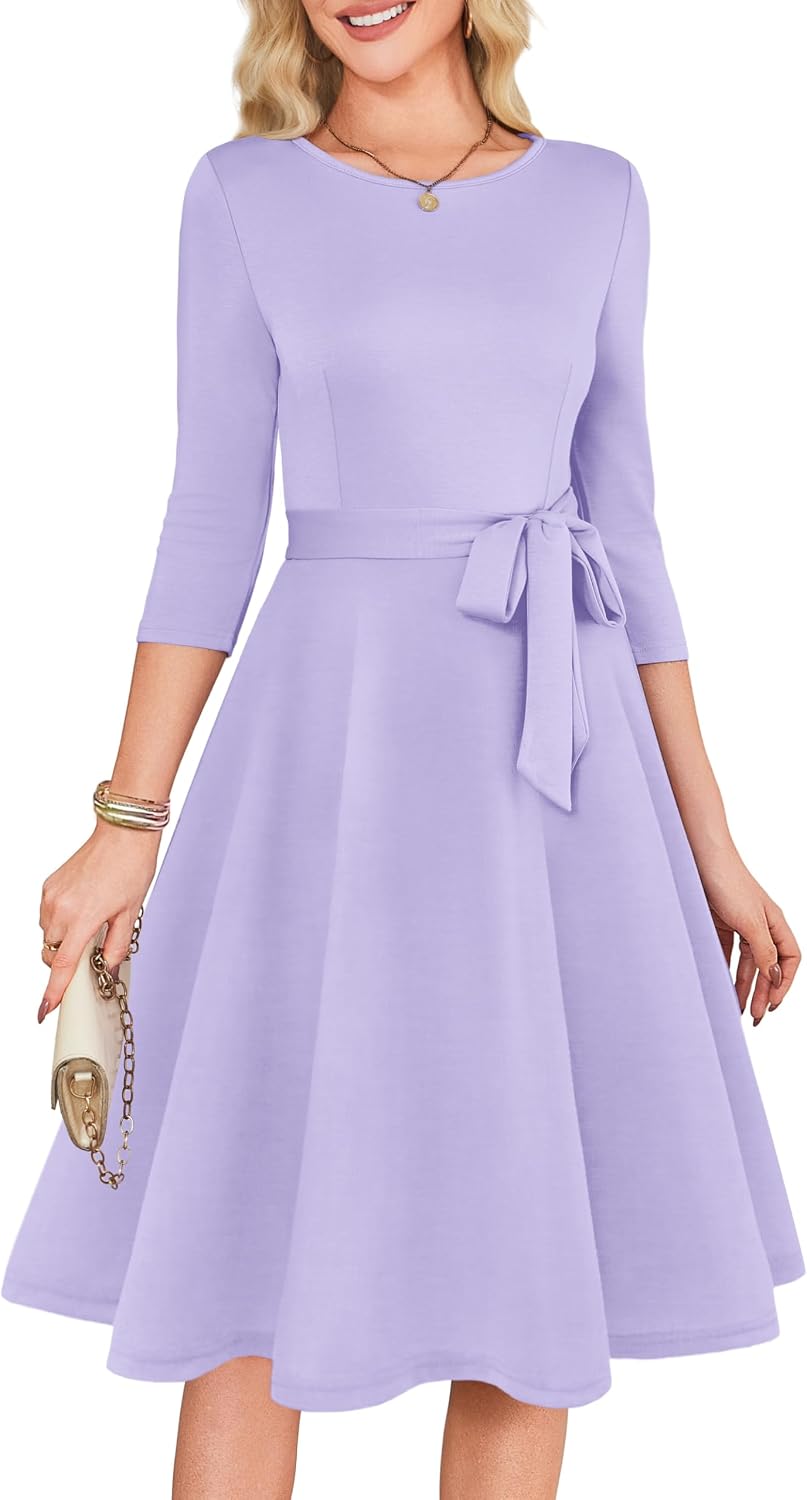 3/4 Sleeve Vintage Cocktail Dress with Belt - Purple