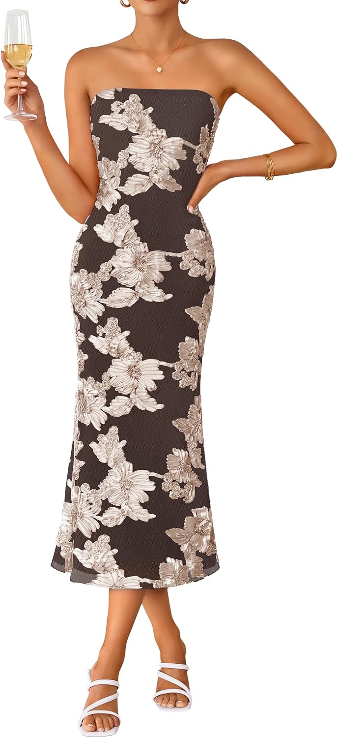 Strapless 3D Floral Mesh Bodycon Midi Dress - Light Brown