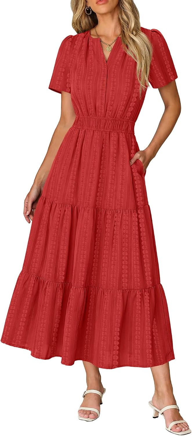 Short Sleeve Flowy Maxi Dress with Pockets - Red