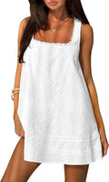 Square Neck Cotton Sundress with Lace Trim - White