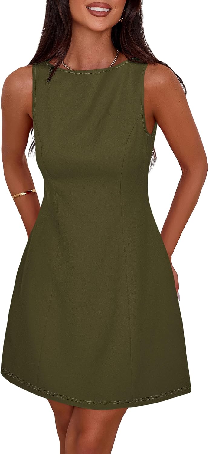 Sleeveless Boat Neck A-Line Formal Mini Dress - Army Green