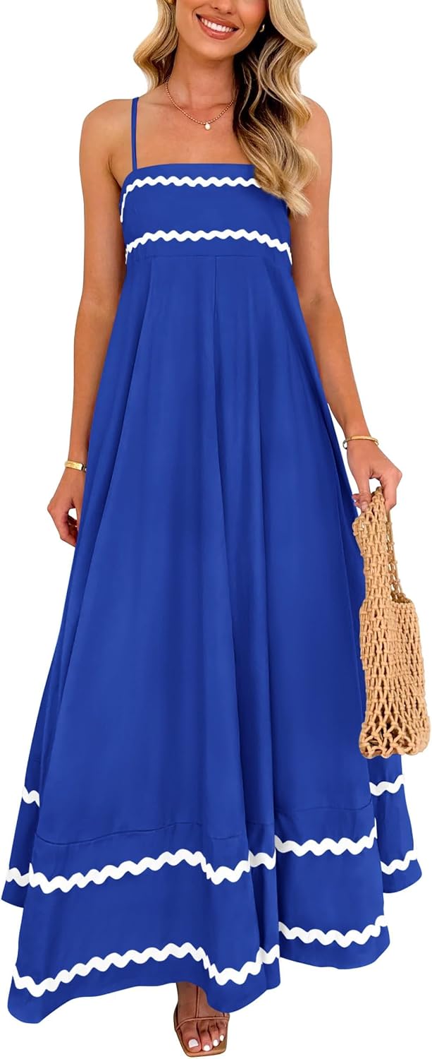 Boho Spaghetti Strap Ruffle Maxi Sundress - Royal Blue