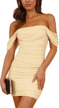 Off Shoulder Ruched Mesh Bodycon Mini Dress - Apricot