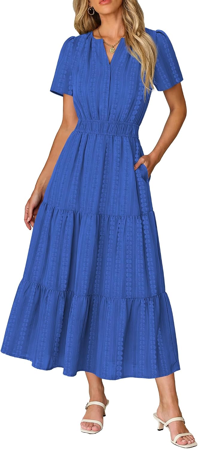 Short Sleeve Flowy Maxi Dress with Pockets - Blue