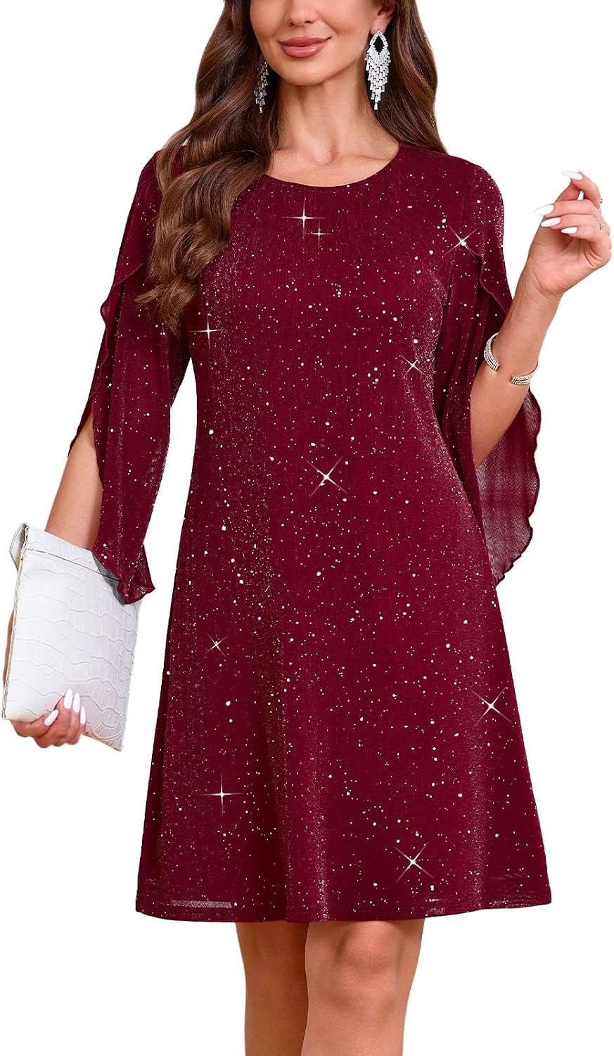 Flutter Sleeve Chiffon Knee Length Cocktail Dress - Sparkly Wine Red