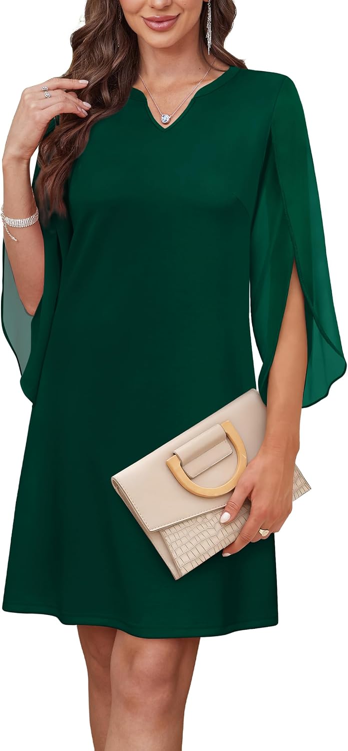 Chiffon Sleeve A-Line Cocktail Dress - Dark Green
