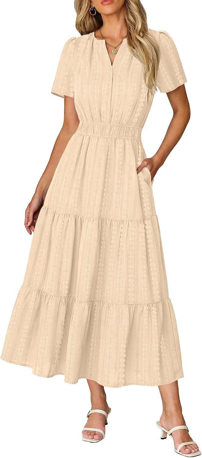 Short Sleeve Flowy Maxi Dress with Pockets - Apricot