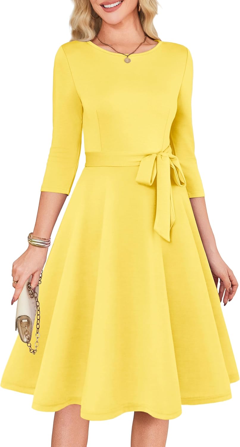3/4 Sleeve Vintage Cocktail Dress with Belt - Yellow