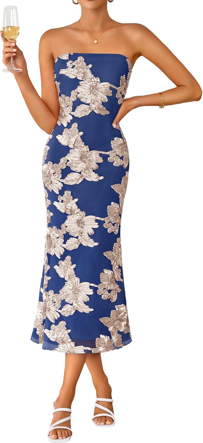 Strapless 3D Floral Mesh Bodycon Midi Dress - Royal Blue