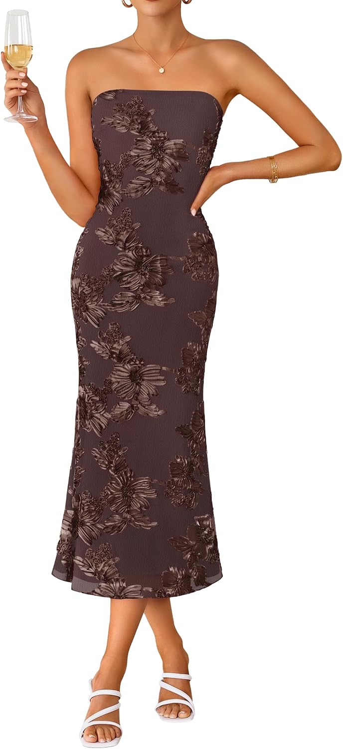Strapless 3D Floral Mesh Bodycon Midi Dress - Brown