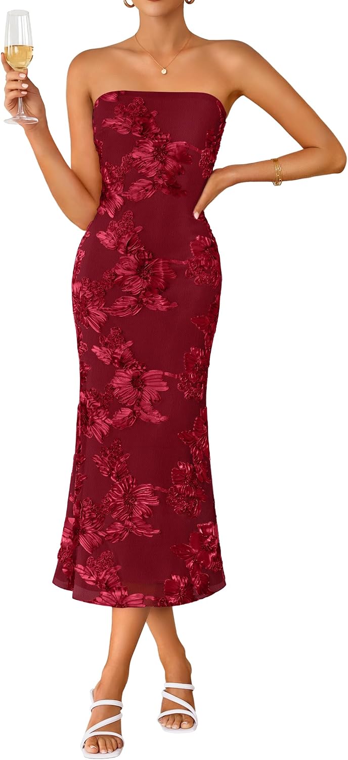 Strapless 3D Floral Mesh Bodycon Midi Dress - Red