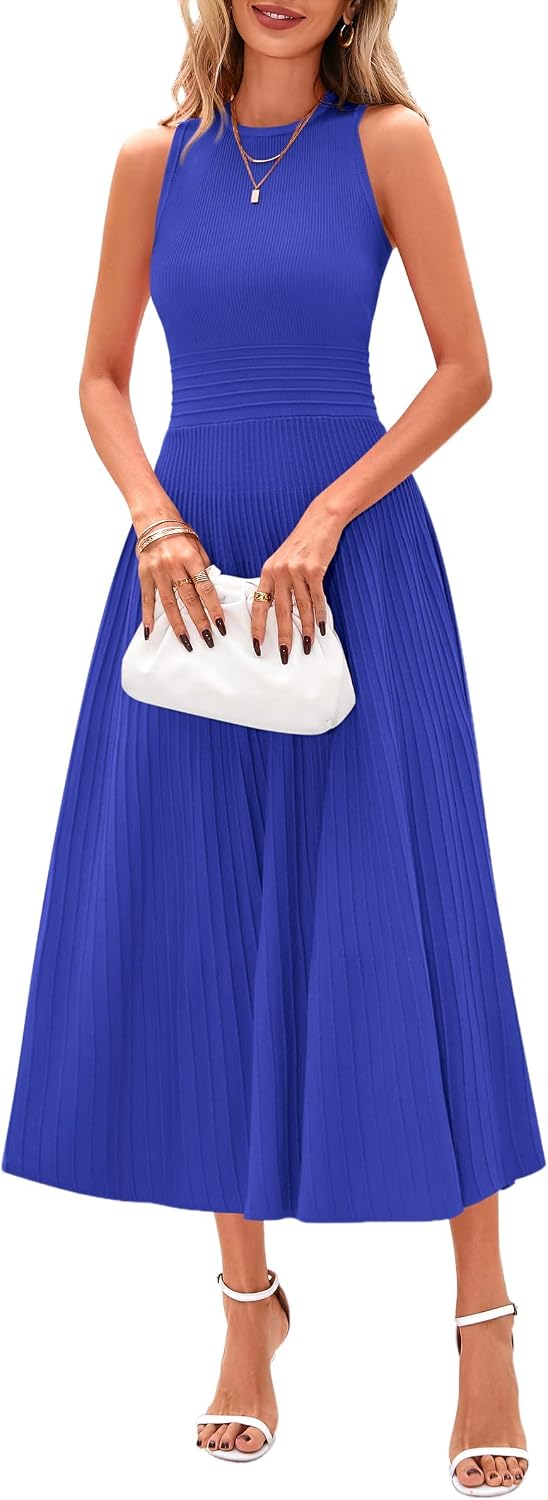 Sleeveless Pleated Knit A-Line Midi Work Dress - Brilliant Blue