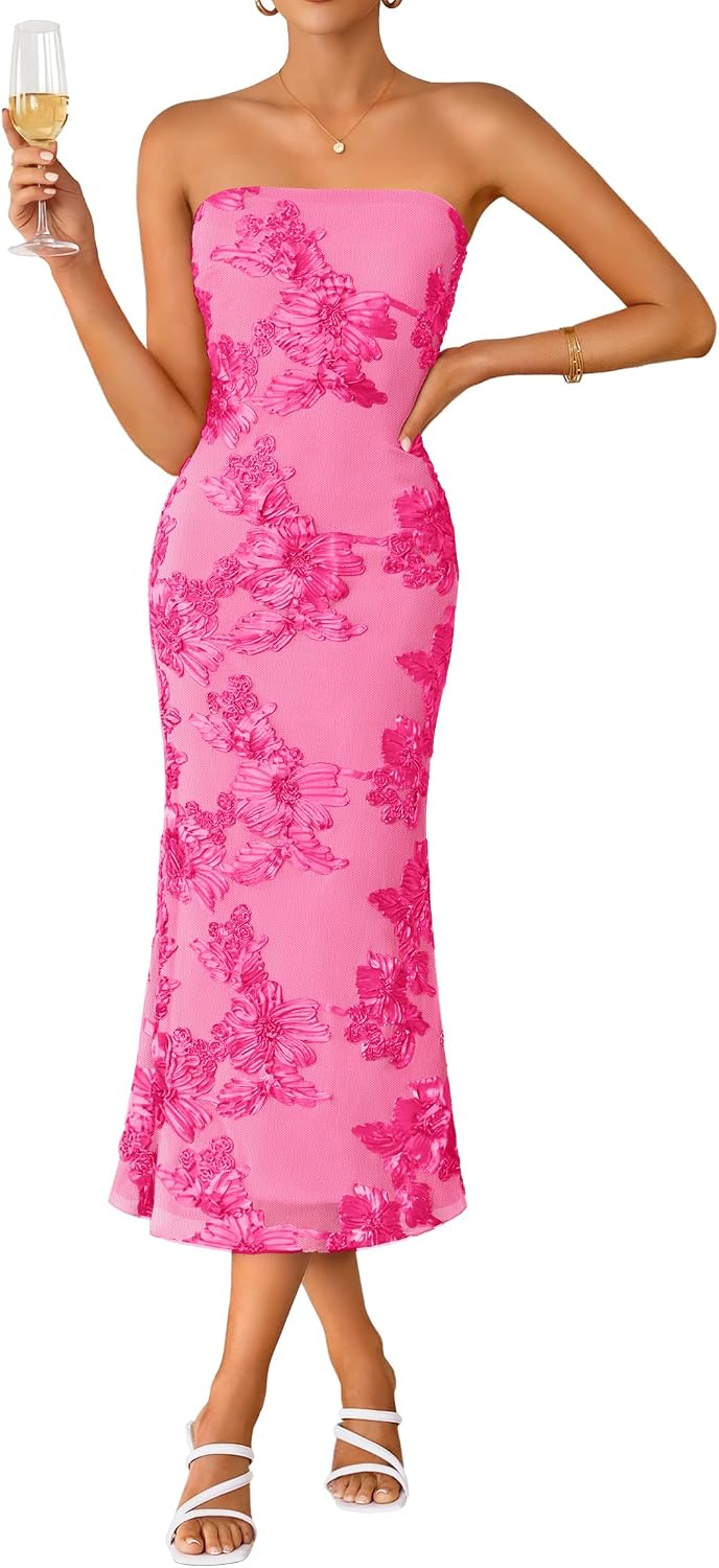 Strapless 3D Floral Mesh Bodycon Midi Dress - Rose