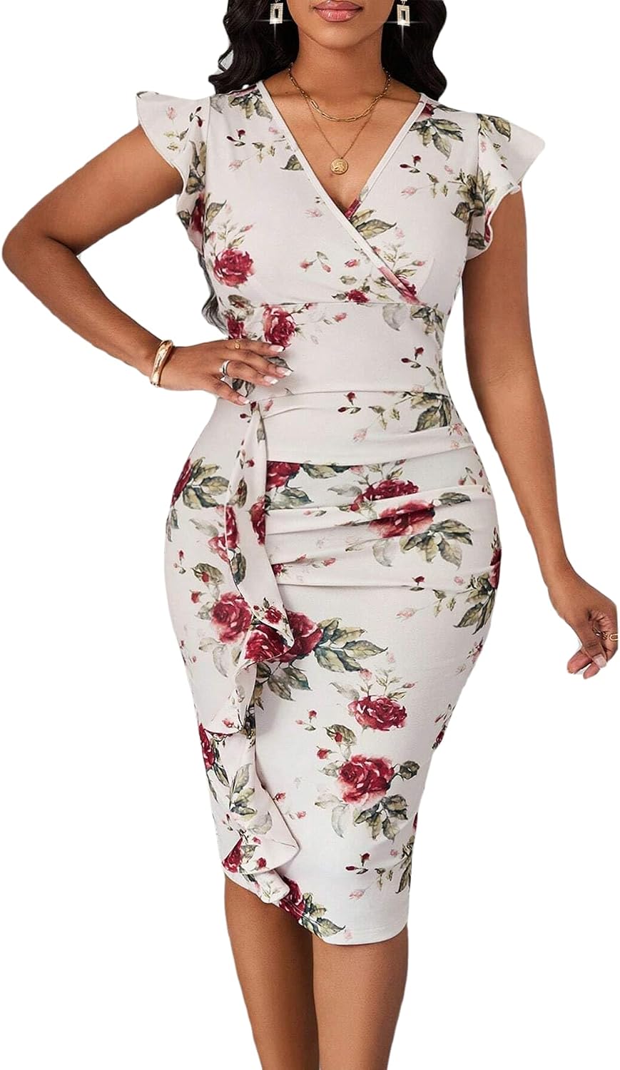 Ruffle Sleeve V-Neck Bodycon Pencil Midi Dress - G Floral