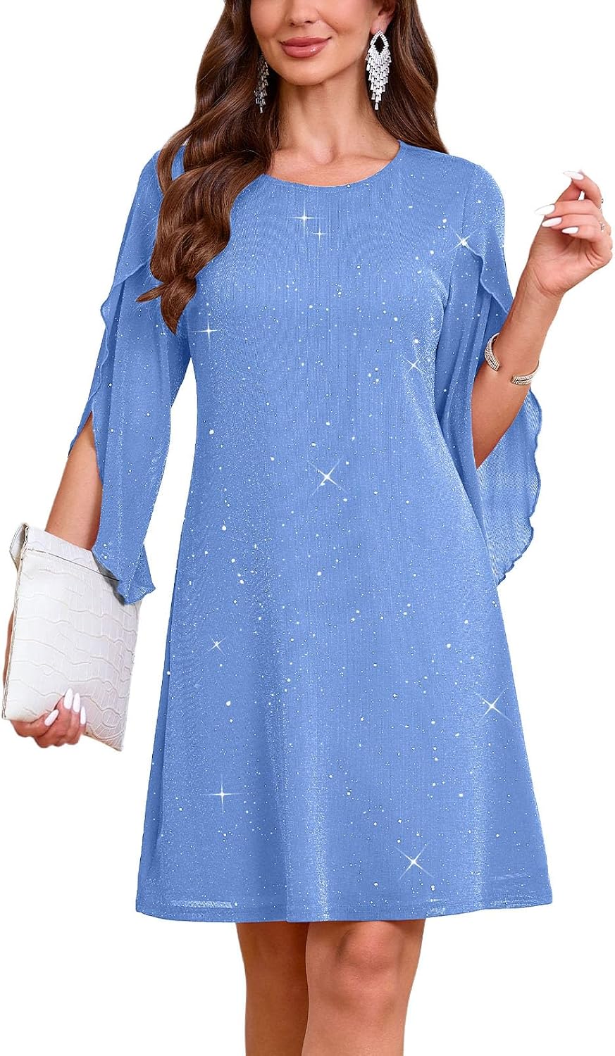 Flutter Sleeve Chiffon Knee Length Cocktail Dress - Sparkly Light Blue