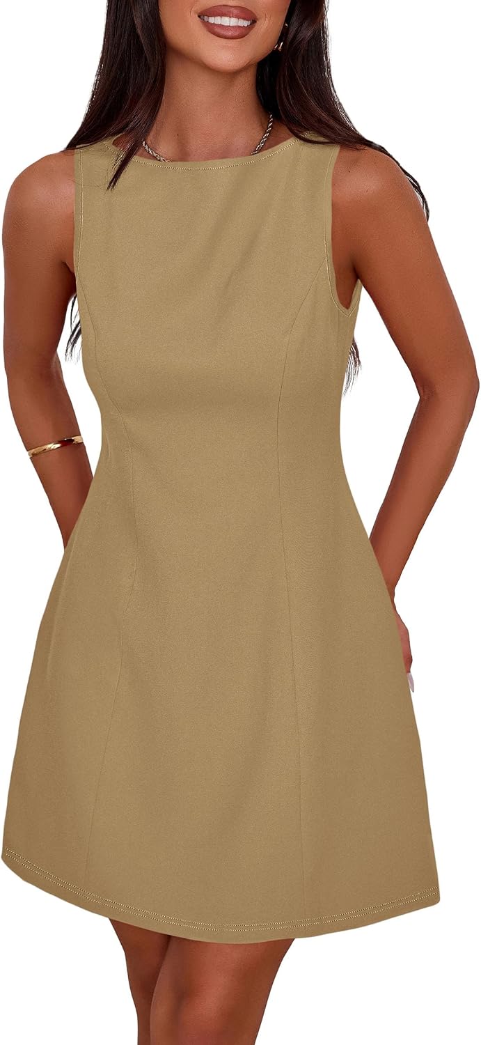 Sleeveless Boat Neck A-Line Formal Mini Dress - Khaki