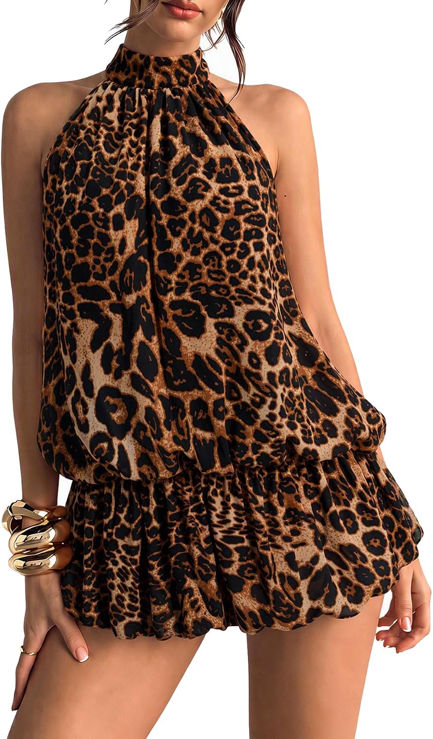 Chiffon Halter Bubble Hem Mini Dress, Backless - Coffee Brown