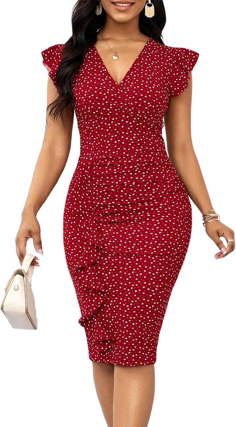 Ruffle Sleeve V-Neck Bodycon Pencil Midi Dress - I Polka Dots