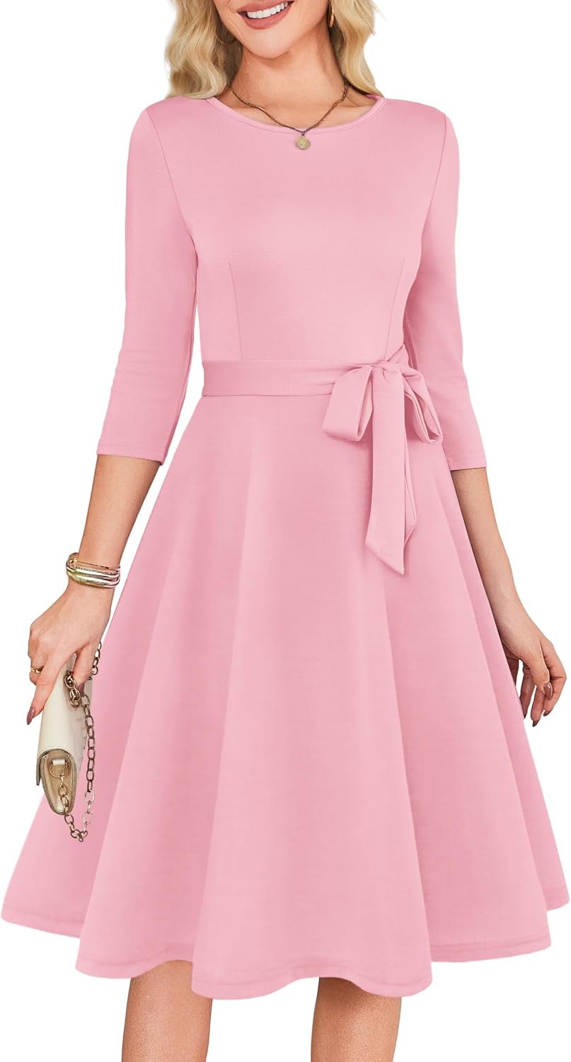 3/4 Sleeve Vintage Cocktail Dress with Belt - Pink