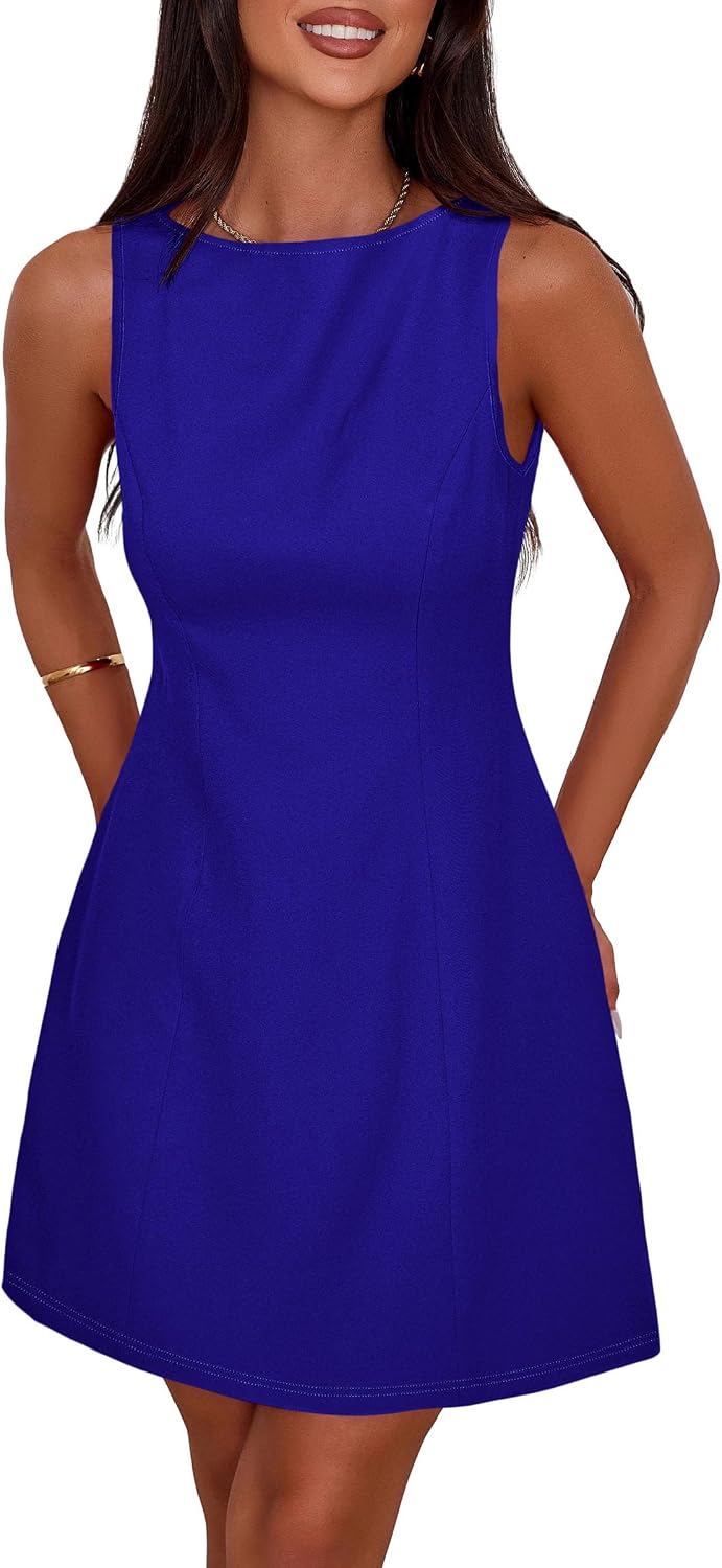 Sleeveless Boat Neck A-Line Formal Mini Dress - Blue