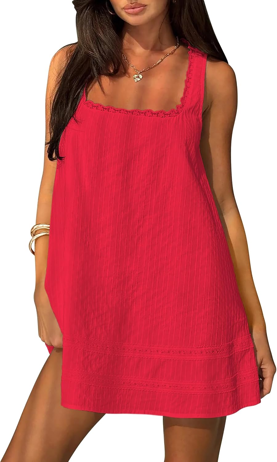 Square Neck Cotton Sundress with Lace Trim - Red