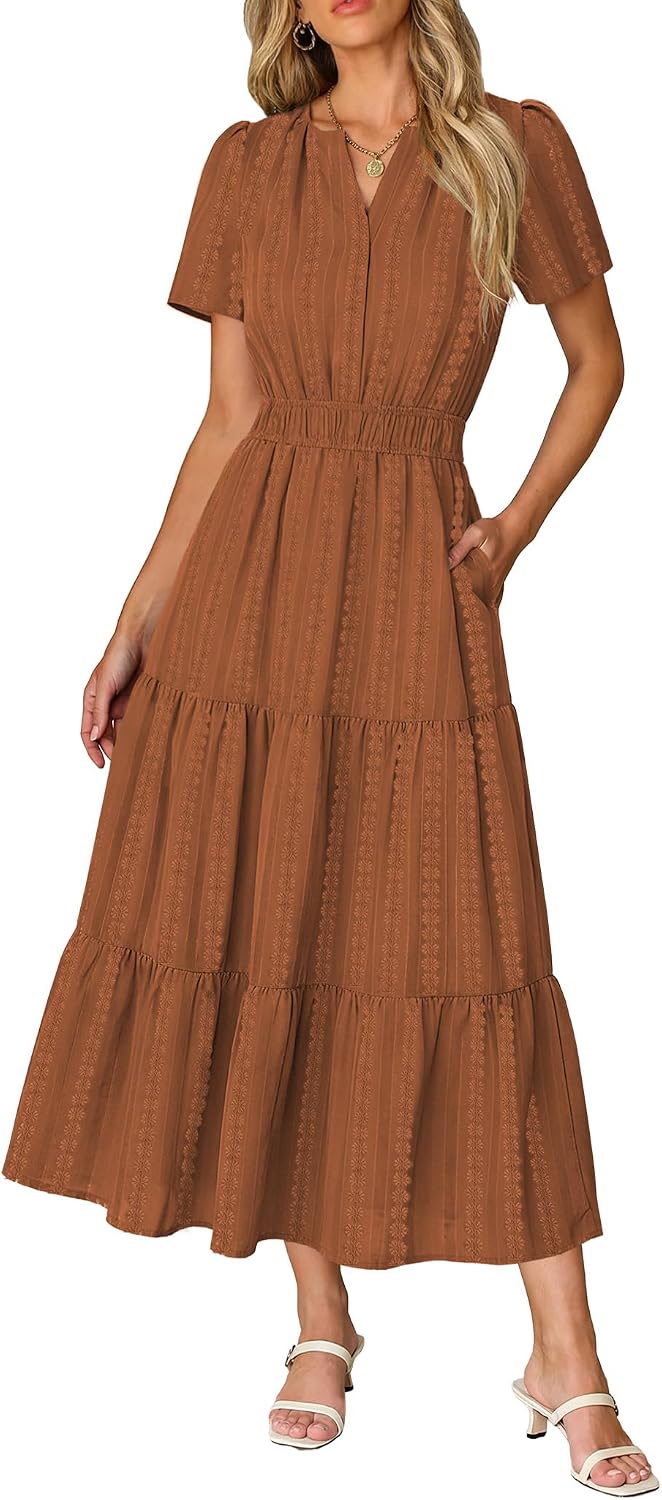 Short Sleeve Flowy Maxi Dress with Pockets - Brown Orange