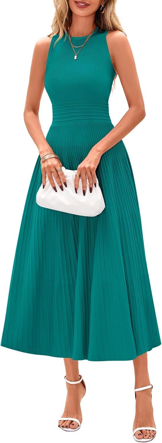 Sleeveless Pleated Knit A-Line Midi Work Dress - Blue Green