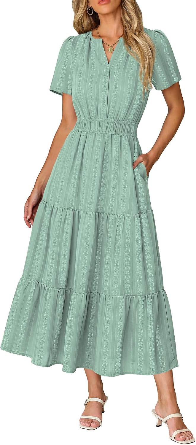 Short Sleeve Flowy Maxi Dress with Pockets - Mint Green