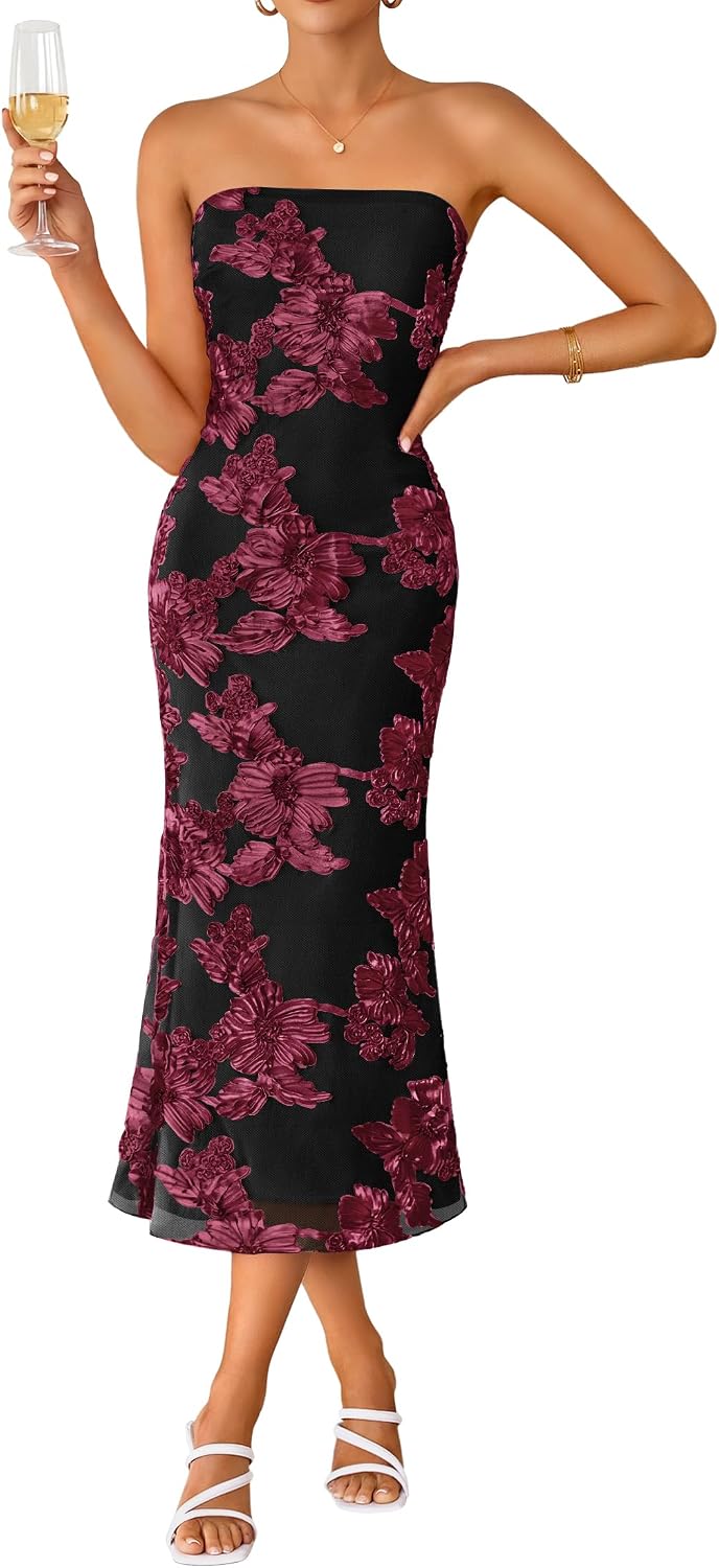 Strapless 3D Floral Mesh Bodycon Midi Dress - Black Red