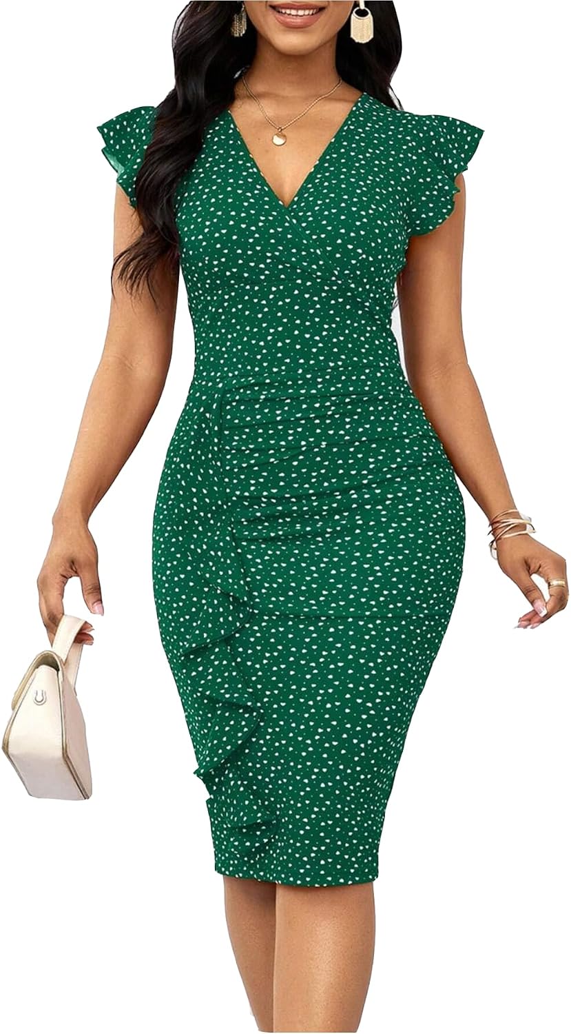 Ruffle Sleeve V-Neck Bodycon Pencil Midi Dress - Green 2