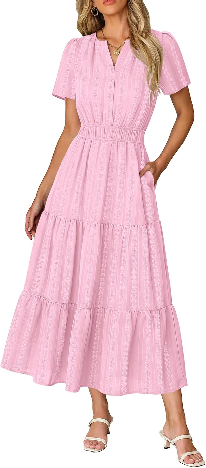 Short Sleeve Flowy Maxi Dress with Pockets - Pink