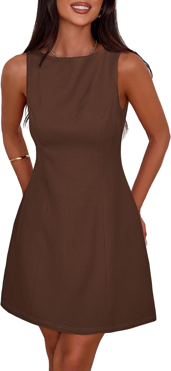 Sleeveless Boat Neck A-Line Formal Mini Dress - Brown