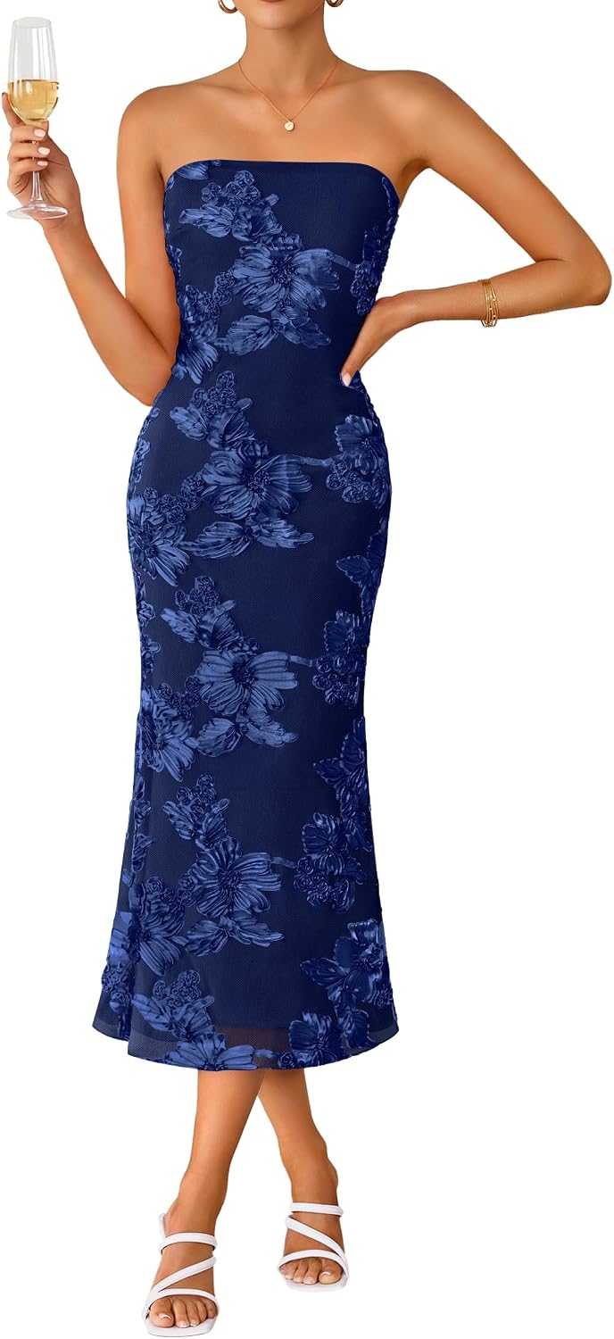 Strapless 3D Floral Mesh Bodycon Midi Dress - Navy