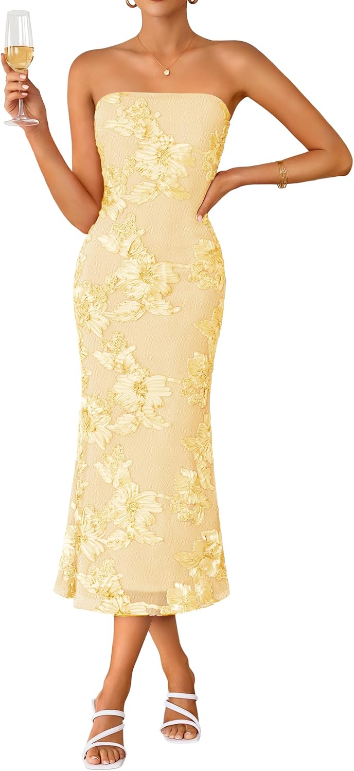Strapless 3D Floral Mesh Bodycon Midi Dress - Yellow